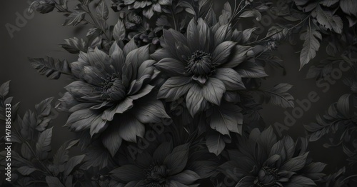 Intricate charcoal floral pattern, abstract botanicals,  detail,  texture,  intricate