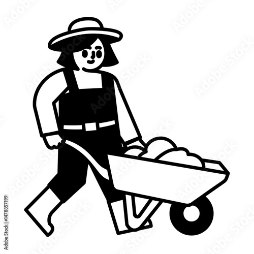 Sketchy icon showing a farmer with wheelbarrow
