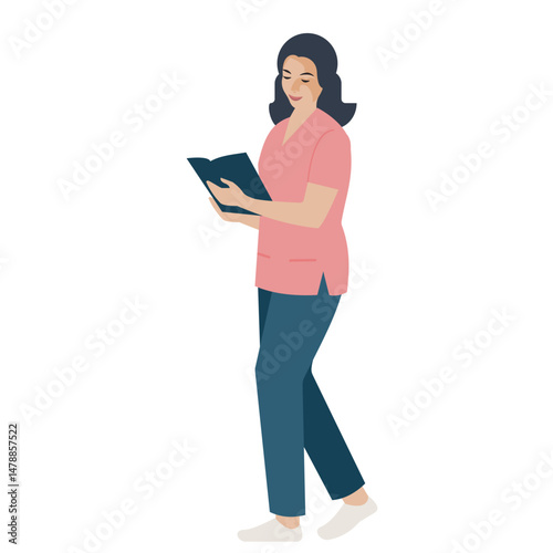 Nurse wearing scrubs holding a folder with medical records	