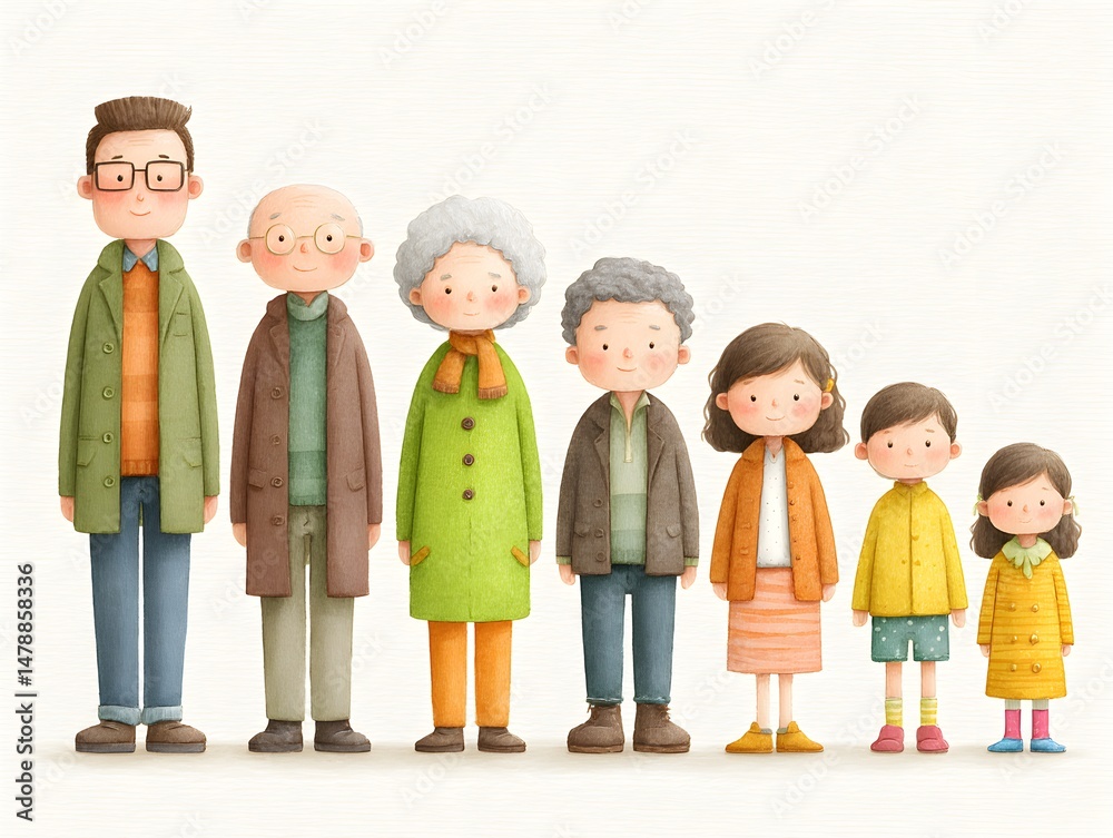 A charming illustration depicts a multigenerational family portrait showcasing seven individuals ranging from grandparents to young children. A charming illustration depicts a multigenerational family portrait showcasing seven individuals ranging from grandparents to young children.