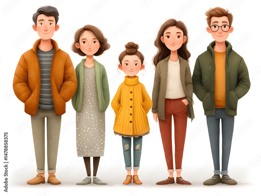 Fototapeta premium A happy family portrait illustration features two adult couples and a child standing together in autumnal clothing.