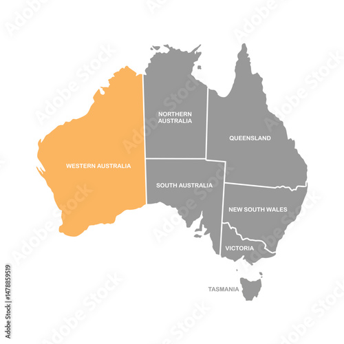 Western Australia on orange color , Map of Australia in Mono Color Light grey, vector illustration isolated on white background
