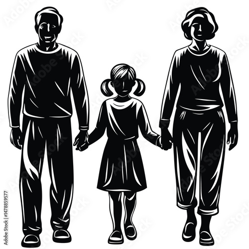 Clean Vector of Grandparents Walking with Child