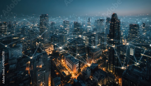 Wallpaper Mural Smart cityscape enhanced by AI technologies, with integrated glowing connections across infrastructure. Torontodigital.ca