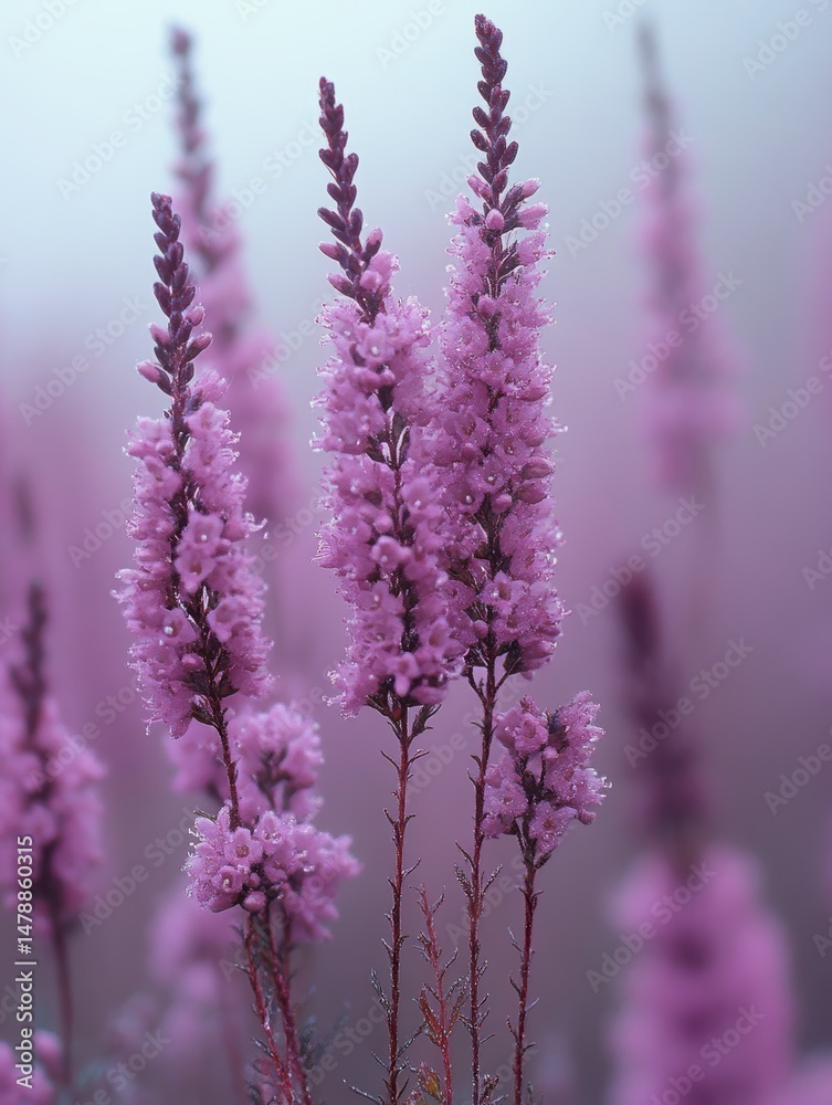 Obraz premium Misty Morning Delicate Pink Flowers in a Field