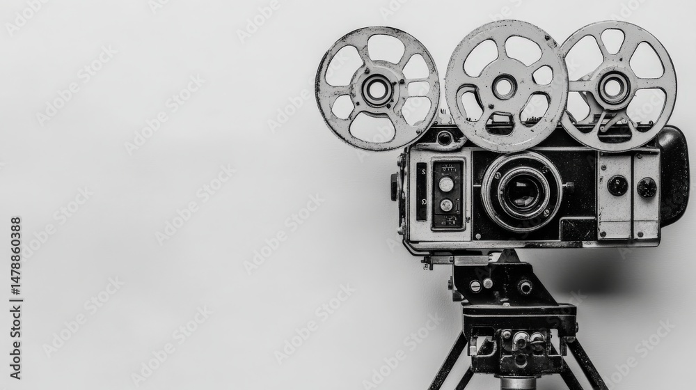 Fototapeta premium Vintage Film Camera with Film Reels on Tripod Against White Background