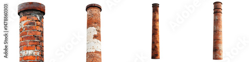 Vintage, weathered chimney stacks showcasing rustic textures and colors, ideal for architectural studies, industrial designs, or historical references in photography and art