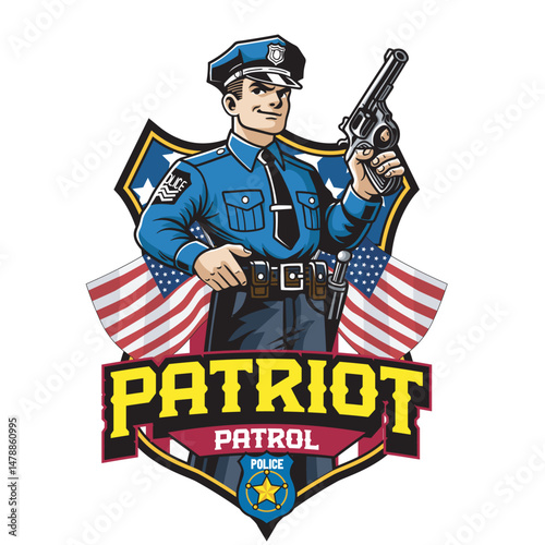 Vector Illustration of Police Carrying Gun with Flags in Retro Vector Illustration Available for Logo Badge