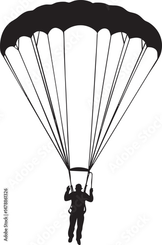 A silhouette of a person skydiving with a large black parachute open