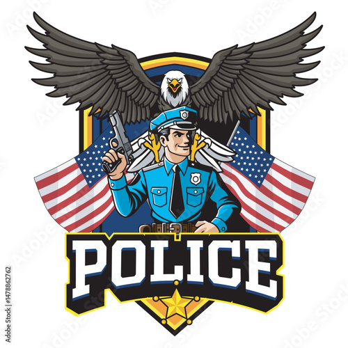 Vector Illustration of Police Carrying Gun with Eagle and Flags in Retro Vector Illustration Available for Logo Badge