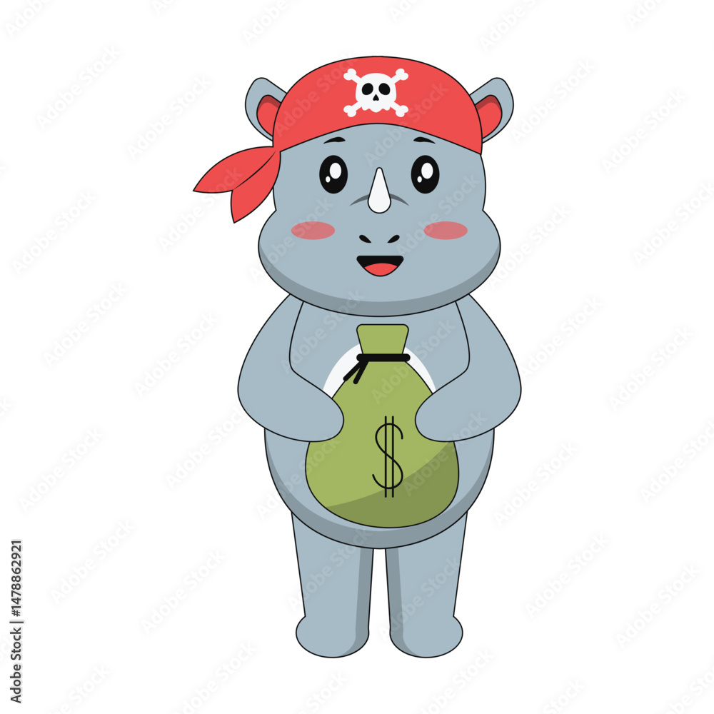 Naklejka premium Cute Baby Rhino Cartoon Character. Isolated on White Background. Vector Illustration.