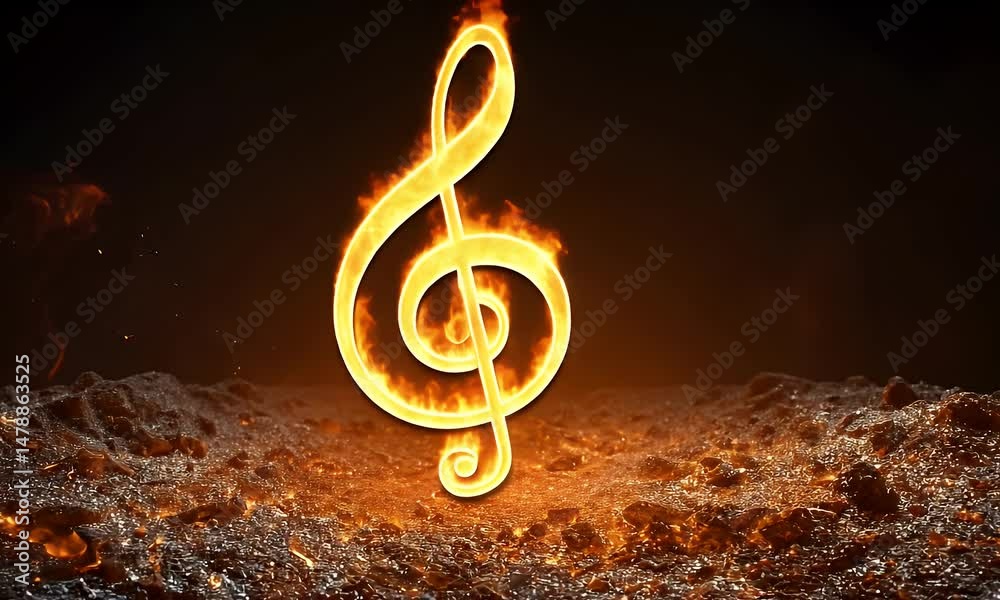 Fiery treble clef rises above the flames. Intense energy surrounds the music symbol