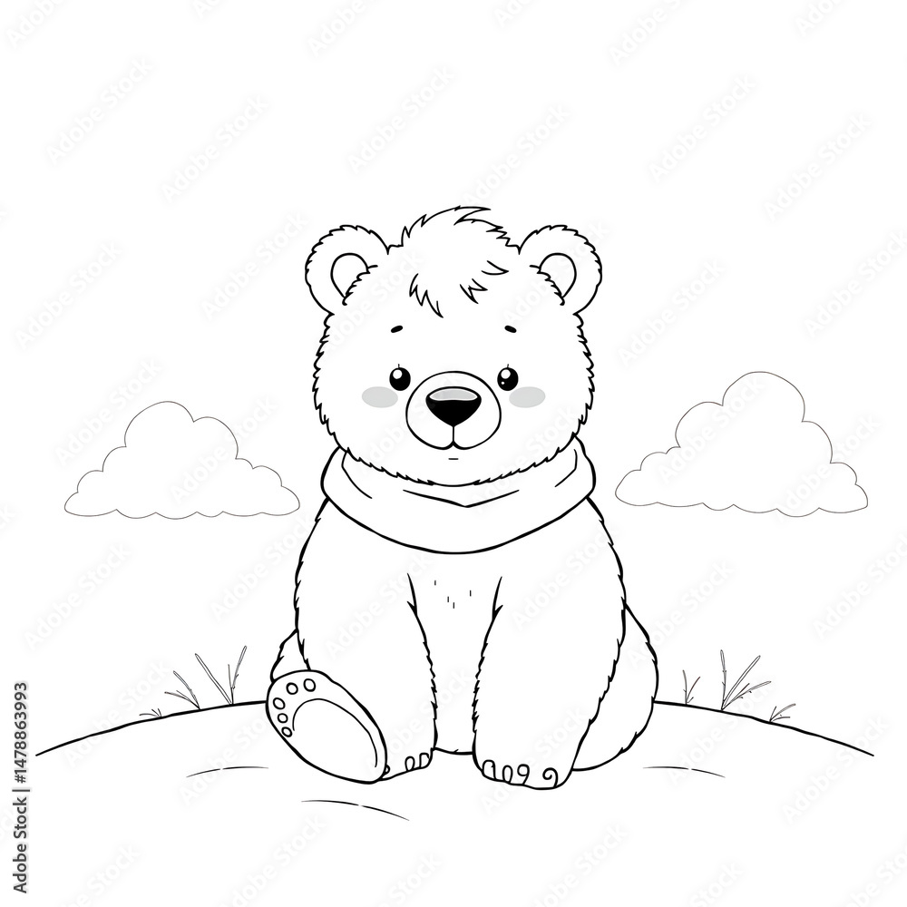 Obraz premium Cute Young Bear Line Drawing in Minimalist Black and White Coloring Book Style White Sky Clouds and Terrain