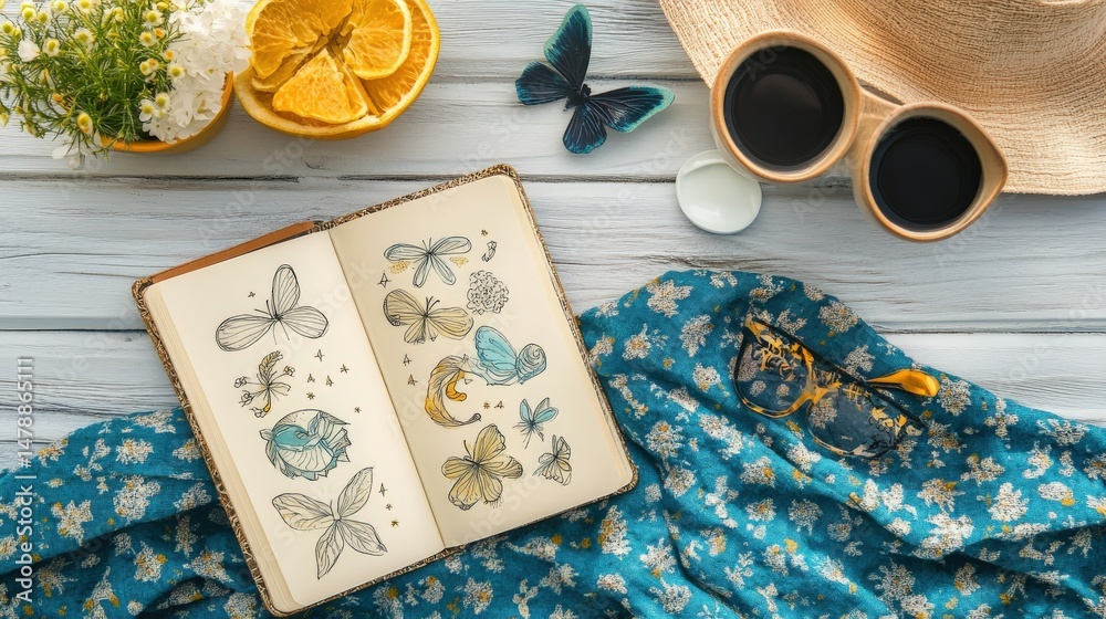 Fototapeta premium Elegant Display of Nature Sketches with Floral Accents and Accessories