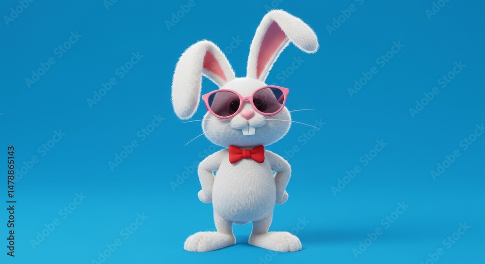 Fototapeta premium A cute Easter bunny with sunglasses gives a thumbs up on a spring green background for the holiday.