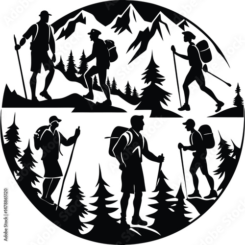 Resting and Climbing Hikers Vector Scene
