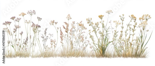 Wildflower Meadow on White Background, Close-Up View of Colorful Plants and Grasses in a Natural Setting, Botanical Illustration Style