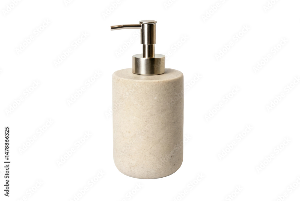 Obraz premium PNG Minimalist white soap dispenser with silver pump on black background