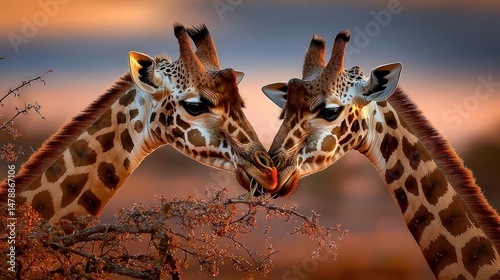 Giraffes playfully interact during sunset in savanna wildlife photography natural habitat vibrant colors