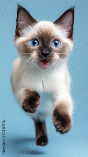 Playful Siamese Kitten Leaping Midair on Blue Backdrop Studio Shot Adorable Pet with Bright Blue Eyes and Soft Fur