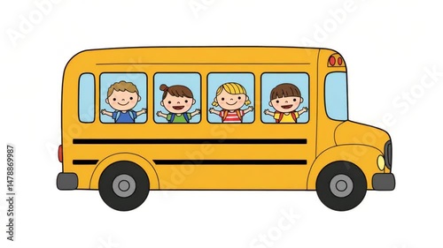 Four children smiling from school bus windows in cartoon style  