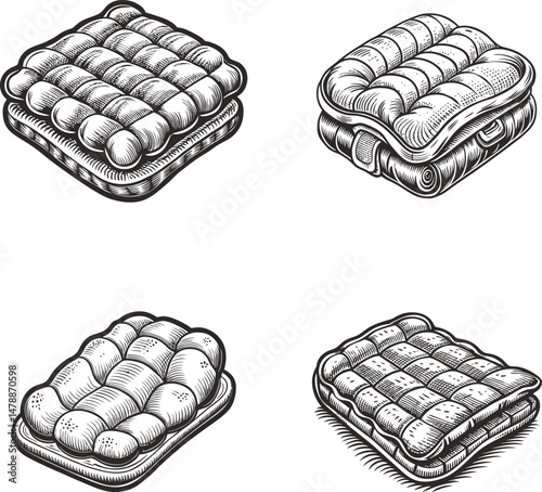 Air Mattresses Camping Gear Inflatable Beds Outdoor Sleep, Travel, Hiking, Hunting, Outdoor Activities Ink Sketch Black and White Engraving Monochrome Vector Illustration
