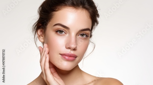 Model gently touches her face under studio lights with an isolated background