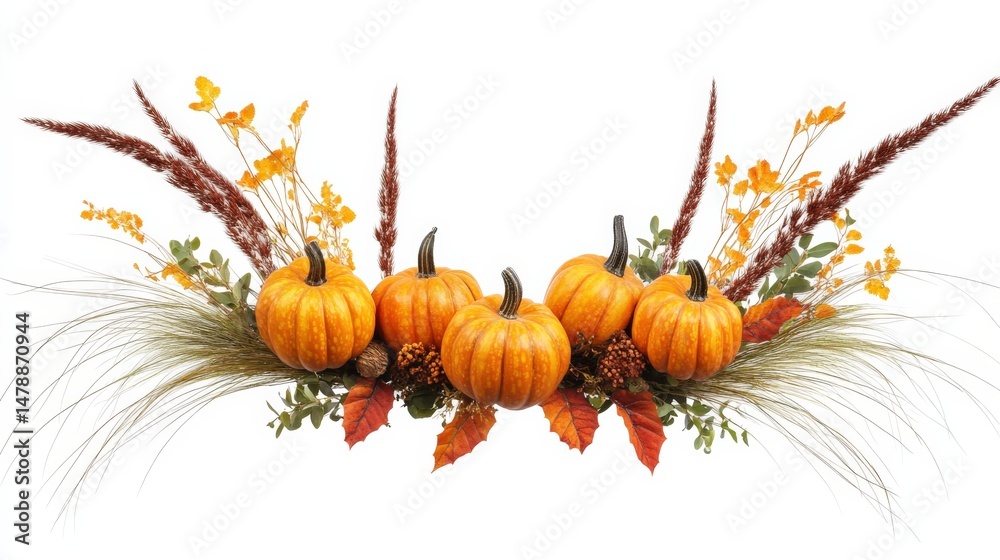 Obraz premium Autumn Harvest Decor with Bright Orange Pumpkins and Fall Foliage