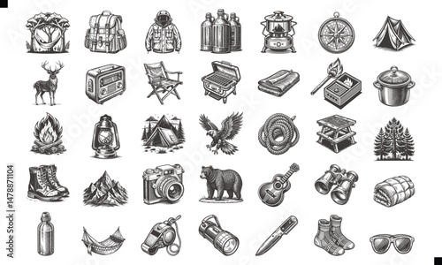 Vintage Camping and Hiking Equipment Illustrations, Essential Equipment Set For Travel, Hunting, Outdoor Activities Ink Sketch Black and White Engraving Monochrome Vector Illustration