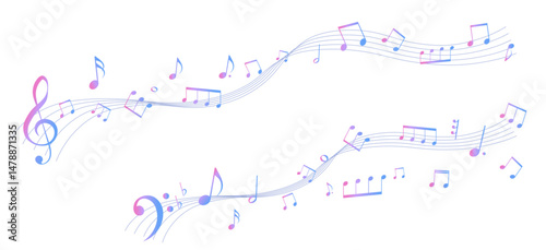 カラフルな遠近感のある楽譜のフレームイラスト　五線譜　背景イラスト　音符、音楽記号のイラスト