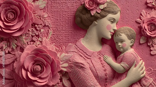 A tender sculpted relief depicts a loving mother gently embracing her cherubic baby amidst a profusion of blush pink roses and floral embellishments.