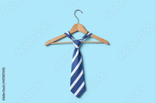 striped tie hanging on a wooden hanger on a blue wall