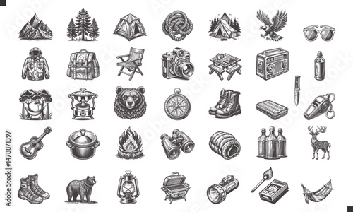 Vintage Camping Gear Set Illustrations, Equipment Set For Travel, Hiking, Hunting, Outdoor Activities Ink Sketch Black and White Engraving Monochrome Vector Illustration