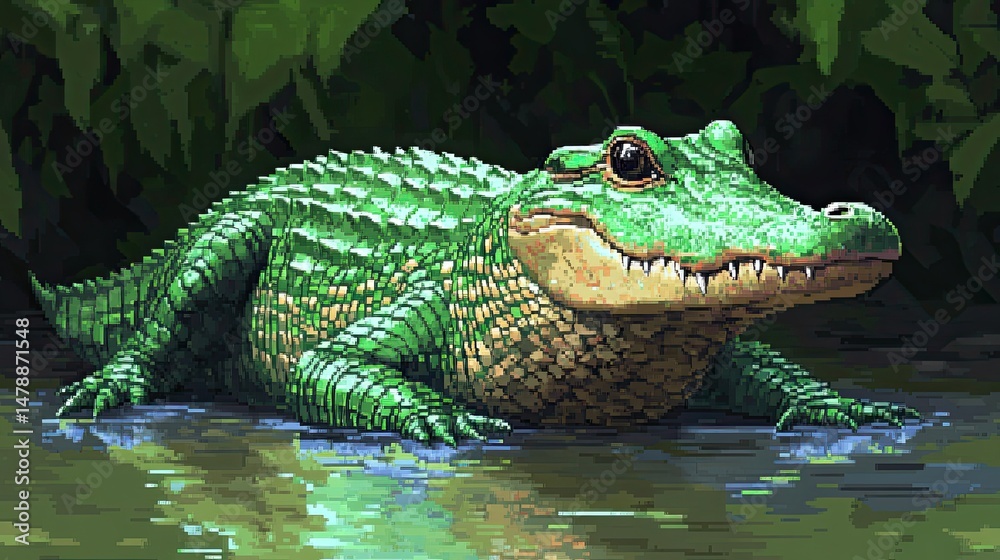 Fototapeta premium A green alligator resting in shallow water near lush vegetation in a pixel art style image