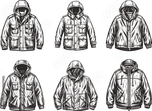 Hooded Jackets Stylish Winter Apparel Designs Black and White Engraving Monochrome Vector Illustration