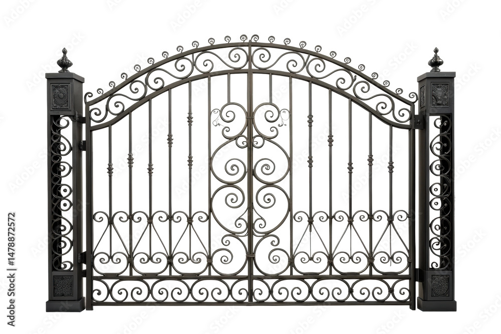 PNG Elegant ornate iron gate with intricate swirl design PNG Elegant ornate iron gate with intricate swirl design