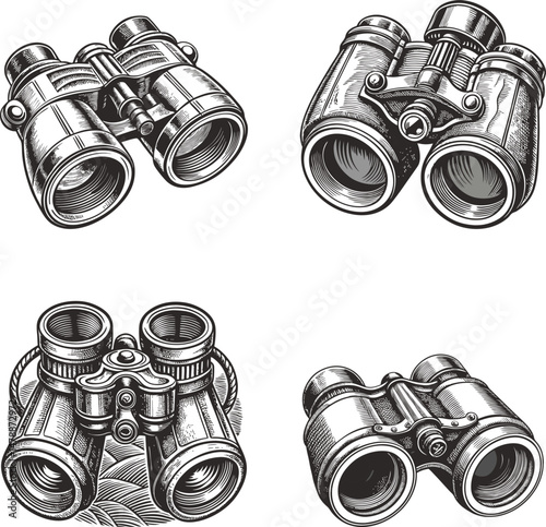 Vintage Binoculars Collection Detailed Drawings Nautical Style Optics, Tool For Travel, Camping, Hiking, Hunting, Outdoor Activities Ink Sketch Black and White Engraving Monochrome Vector Illustration