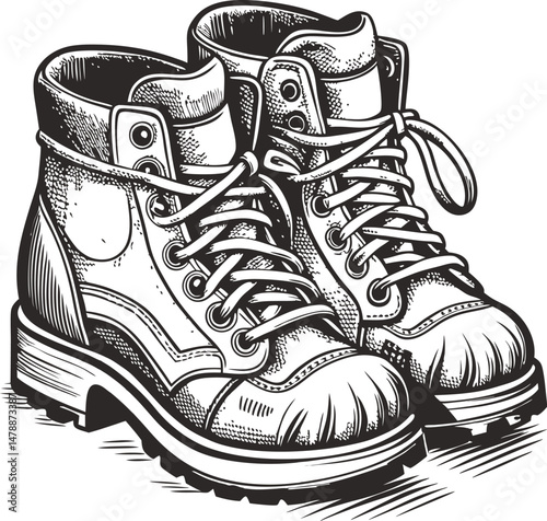 Vintage Leather Boots Hand Drawn Illustration, Element For Travel, Camping, Hiking, Hunting, Outdoor Activities Ink Sketch Black and White Engraving Monochrome Vector Illustration