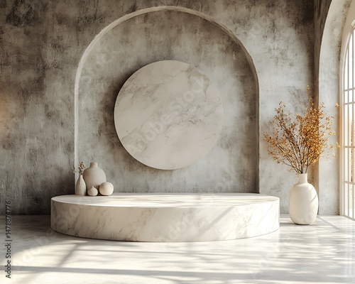 Minimalist, modern, beige, marble podium