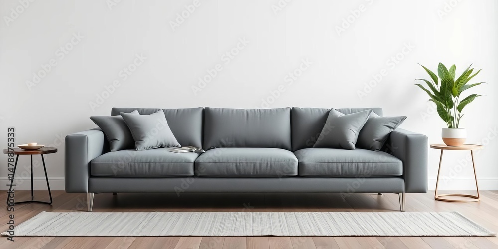 Fototapeta premium Sleek grey fabric sofa, minimalist design, modern living room furniture, product photography, furniture photography