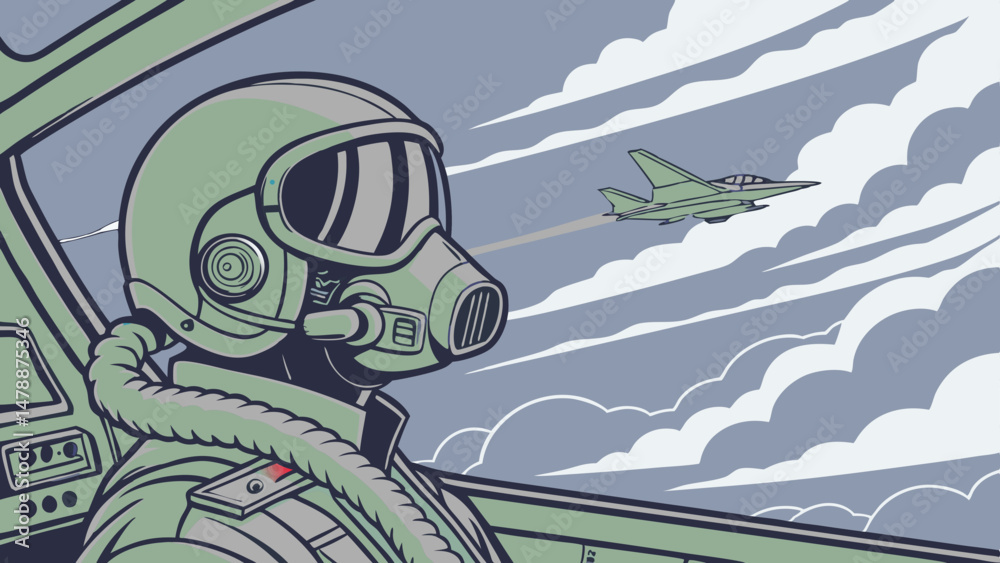 Fototapeta premium Fighter Pilot Cockpit Perspective: High-Flying Mission Amid Clouds