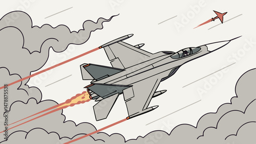 Fighter Jet with Red Exhaust Trails in Cloudy Sky Illustration