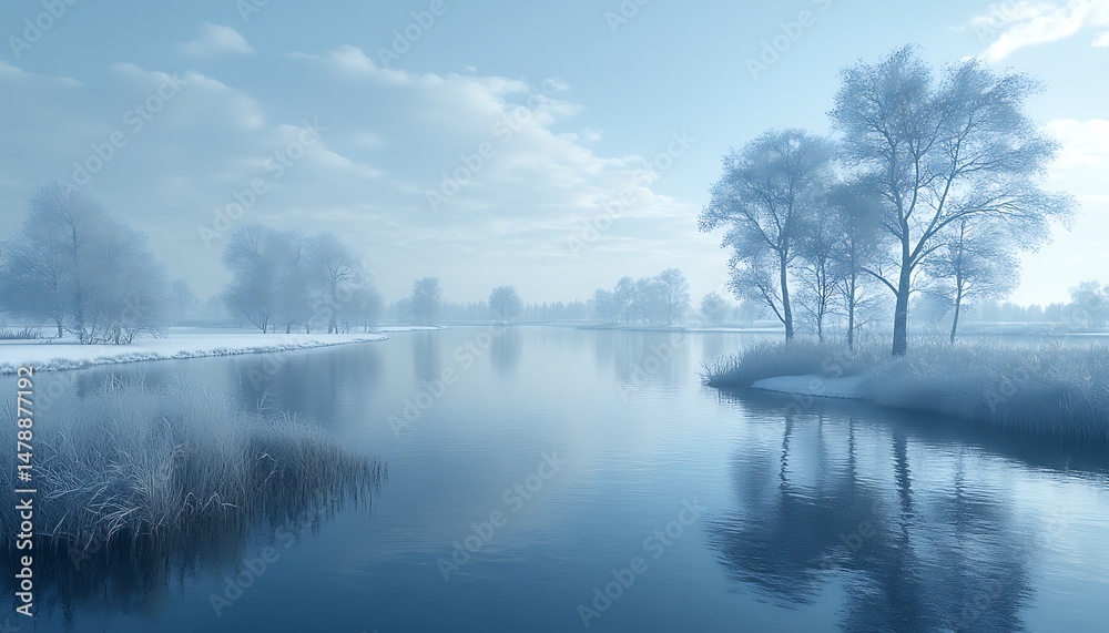 Fototapeta premium Frozen river landscape, serene winter scene