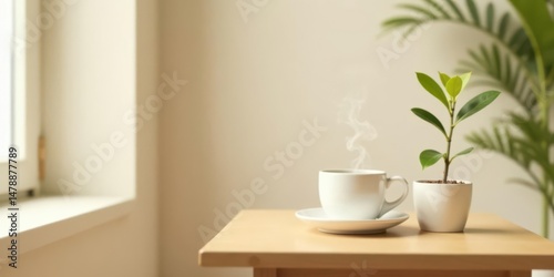 Wallpaper Mural A steaming cup of coffee on a light wood table, beside a small potted plant, bathed in soft natural light from a nearby window. Torontodigital.ca