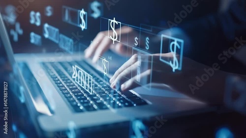 Hands typing on laptop with digital currency symbols representing online finance.