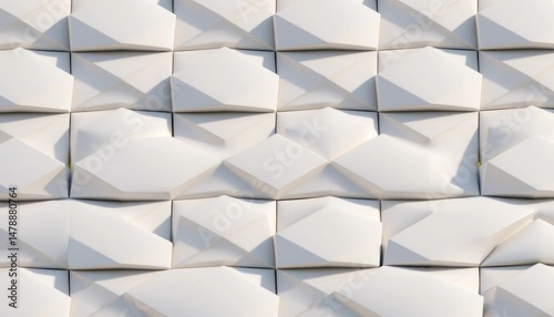 Polygonal facet white wall paneling creating geometric shadows in an elegant seamless design element for upscale architectural projects