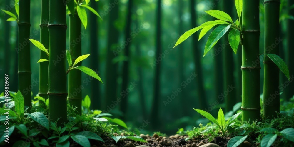 Obraz premium Serene Bamboo Grove Lush Green Stalks and Vibrant New Growth in a Tranquil Forest Setting