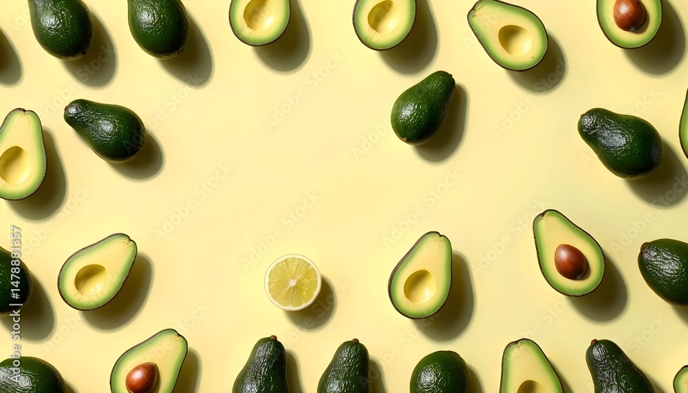 Top view of halved avocado arranged on pastel yellow background, with copy space in the center for creative text. 3D rendering Top view of halved avocado arranged on pastel yellow background, with copy space in the center for creative text. 3D rendering
