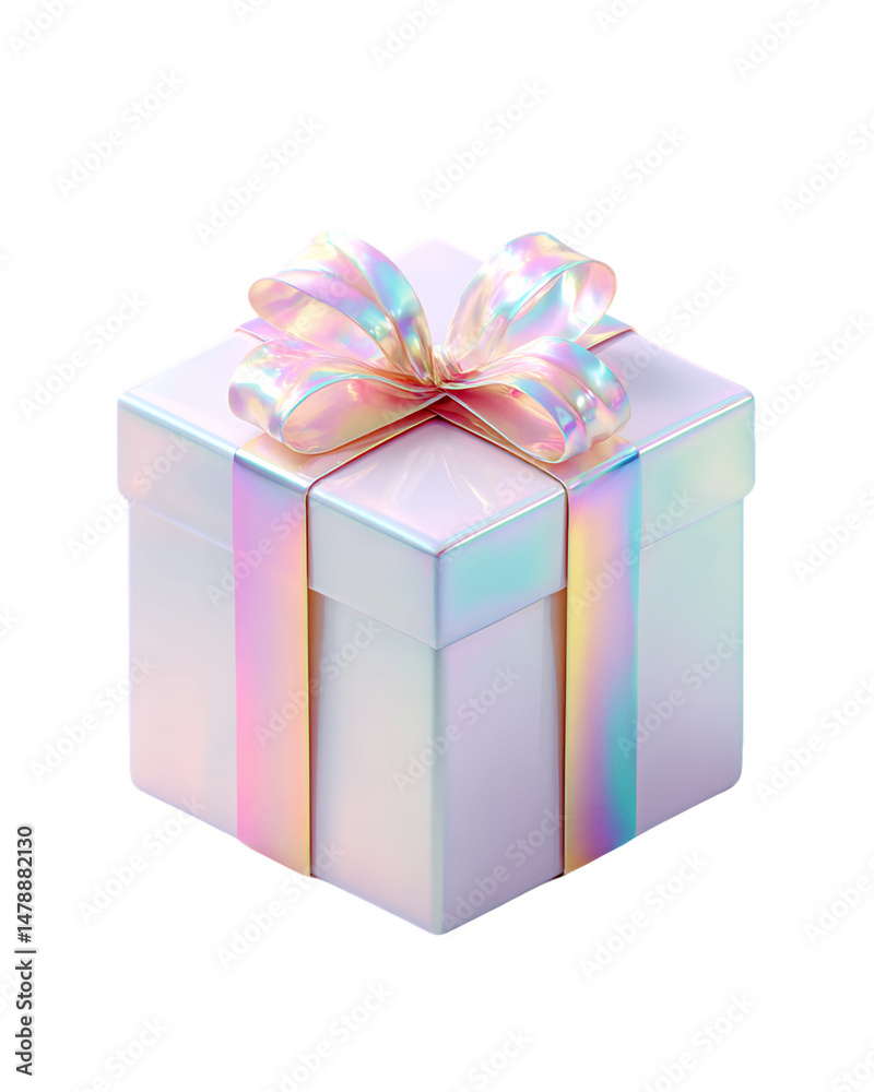 Obraz premium Pastel Iridescent Gift Box with Pink Bow on Transparent Background, PNG