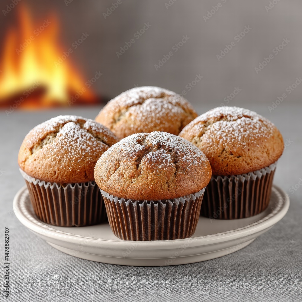 Golden Brown Muffins with Powdered Sugar on a Plate Near a Fireplace Golden Brown Muffins with Powdered Sugar on a Plate Near a Fireplace